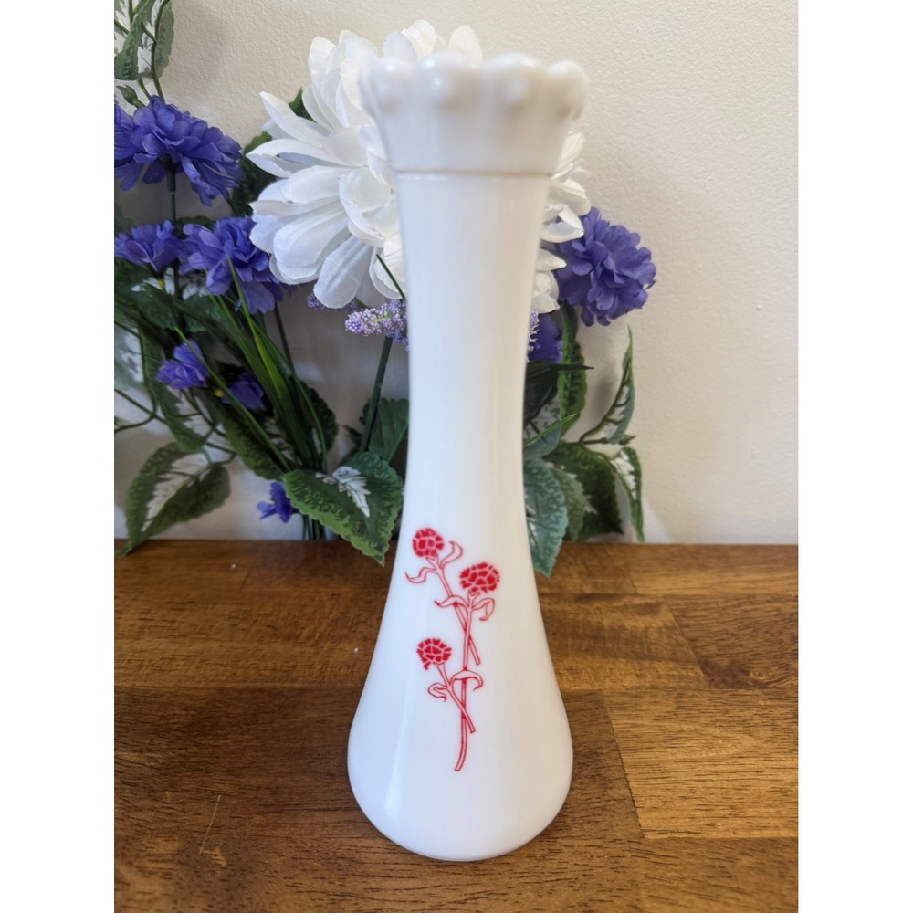 Vintage Hazel-Atlas Milk Glass Vase – Red Carnation Floral Design Rose MCM Decor